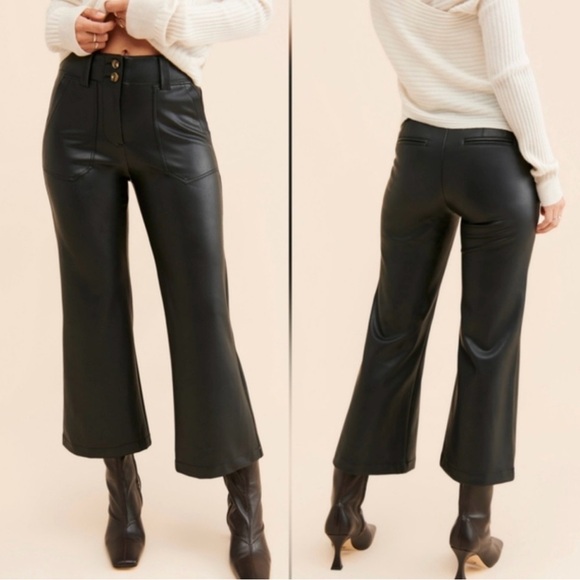Anthropologie Pants - Anthropologie Maeve Naomi Black Faux Leather Wide Leg Crop 12 Petite